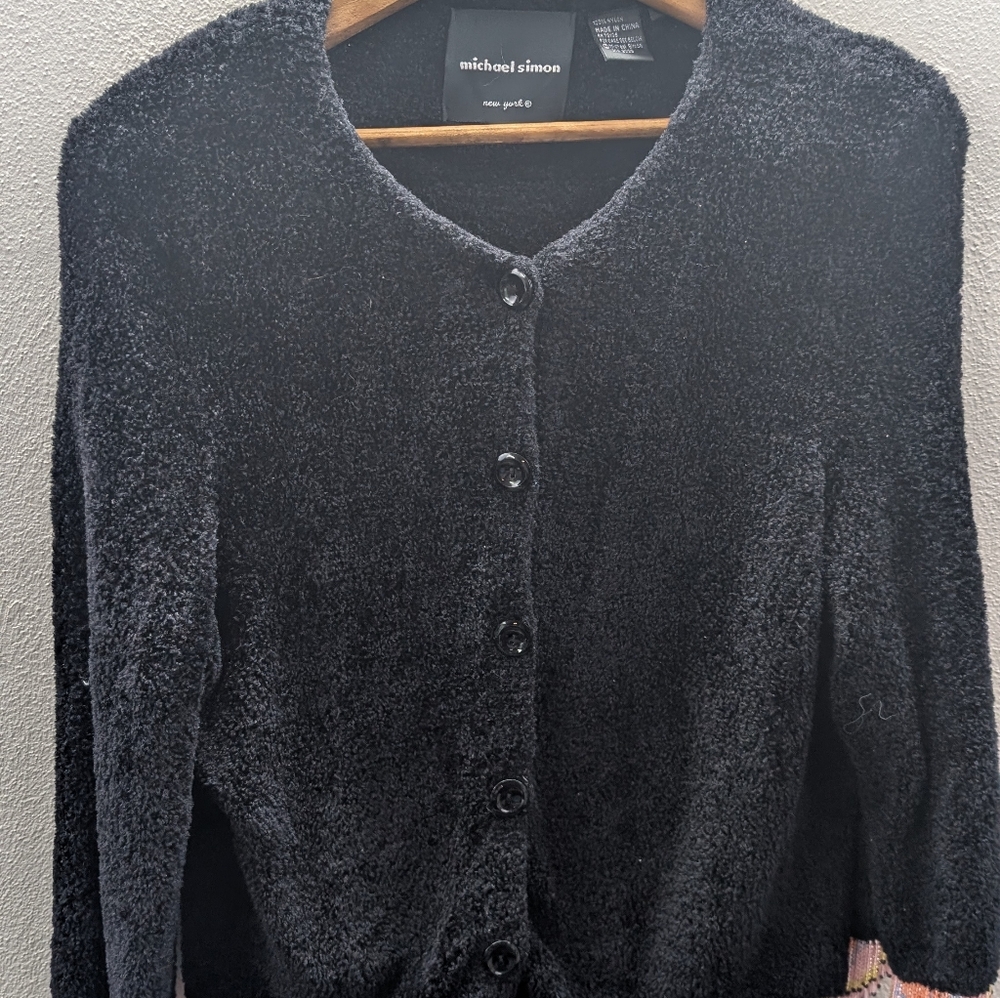 Michael Simon Black Vibrant Fringe Beaded Detail Button Sweater Sz M Y2K VTG